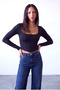 Women's Black Stretchy Square Neck Long Sleeve Corset Look Blouse Violette - 4