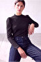 Women's Black Embossed Textured Stand Collar Long Balloon Sleeve Back Button Closure Blouse Lia - 2