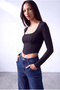 Women's Black Stretchy Square Neck Long Sleeve Corset Look Blouse Violette - 2