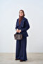 Women's Shoulder Padded Suit with Snap Detail and Belted Waist, Navy Blue - 2