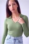Women's Green Viscose Blended Ribbed Deep Polo Neck Long Sleeve T-Shirt Eloise - 4