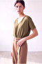 Women's Khaki Single Jersey Draped V-Neck 2/4 Sleeve Gathered Front Blouse Tegan - 4