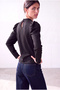 Women's Black Embossed Textured Stand Collar Long Balloon Sleeve Back Button Closure Blouse Lia