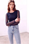 Women's Navy Blue Tulle Crew Neck Long Sleeve Lined Blouse Salome - 5