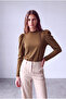 Women's Khaki Embossed Textured Stand Collar Long Balloon Sleeve Back Button Closure Blouse Lia - 5
