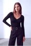 Women's Black Soft Textured V-Neck Long Sleeve Vertical Drawstring Detailed Blouse Berenice