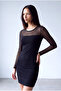 Women's Black Cotton Crew Neck Long Sleeve See-Through Dress Above the Bust Manon