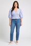 Women v-Neck Puffed Sleeve Stripe Blouse, Sky Blue - 2