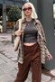 Khaki Oversize Plaid Patterned Women's Shirt Sh334 - 6