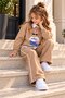 Girl's Tan Color Two Yarn Fabric Shirt Collar Look Casual Stylish Spanish Flared Sweatpants Bottom and Top Set - 3