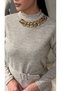 Women's Chain Detailed Belted Maxi Knitwear Dress - High Neck Knitwear Long Sleeve Long Dress Half Turtleneck Short Slit - 5
