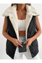 Women's Black Ecru Plush-Lined Jacket with Collar, Medium-Length Vest - 2