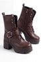 Women's Brown Winter Boots with Buckle, Lace-Up, Zipper, 8 cm High Thick Sole Boots Hayka