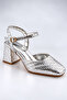 Women's Silver Metallic Knitted Textured 7 cm Heeled Ankle Strap Thick Heeled Stylish and Elegant Shoes - 7