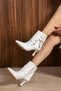 Ceria Women's White Pointed Toe Suede Decorated Lace-Up Detailed Zippered Goblet Heeled Short Boots Bootie - 3