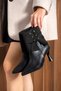 Ceria Women's Black Pointed Toe Suede Decorated Lace-Up Detailed Zippered Goblet Heeled Short Boots Bootie