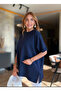 Women's crew neck short batwing sleeve side slit oversized flowy mercerized blouse - 2