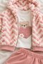Baby Girl 3-Piece Set Teddy Bear Heart Detailed Hooded Cardigan Long Sleeve Top and Bottom Set - 5