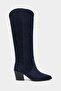 Menfis Navy Blue Suede Leather Pointed Toe Thick Heel Women's Dallas Boots - 5