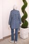 Navy Blue Double-Breasted Collared Lined Checkered Trench Coat - 6