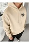 Unisex Hooded Zippered Sweatshirt Beige Oversize 3 Thread Lined - 2