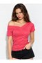 Women's Asymmetrical Collar Short Sleeve T-Shirt a Quality Coral Pink - 2