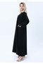 Black Phua Fabric Abaya with Lace Trim, Silver Detailing & Pockets - 2