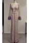 Feather Cuff Detail V-Neck Sequined Long Evening Dress - Purple / Lilac