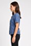 Women Round Neck Short Sleeve Washed Denim Waistcoat, Blue - 3