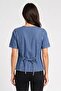 Women Round Neck Short Sleeve Washed Denim Waistcoat, Blue - 4