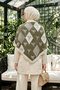Women's Ribbon Bow Pattern Cashmere Textured Diamond Triangle Shawl 1319 Khaki - 2