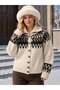Women's Jacquard Nordic Patterned Jacket Collar Buttoned Knitwear Cardigan 8740 - 3
