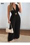 Women's Strappy Double-Breasted Collared Long Imported Crepe Jumpsuit with Belt Detail at the Waist - 3
