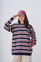 Women's Stripe Pattern Crew Neck Knitwear Sweater Navy Blue
