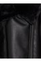 Lcw Modest Black Fur Collar Women's Leather Look Coat with Nevavm Difference - 6