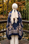 Women's Shawl Pattern Woven Poncho Pnc16 Navy Blue - 4