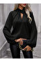 Women's Long Sleeve Collared Ribbon Detailed Gathered Janjan Crepe Blouse - 4