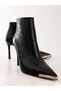 Women's Black Pointed Toe Thin Heeled Boots 9 cm Heeled Boots with Gold Toe Detail Stylish Zippered Women's Boots - 3