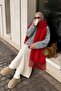 Mery Women's Puffy Soft Textured Tasseled Winter Scarf and Shoulder Shawl Red - 3