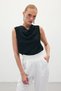 Women's Black Degaje Collar Sleeveless Satin Blouse Draped Comfortable Fit Draped Evening Dress Top - 2