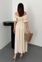 Women's Beige Madon Collar Off Shoulder Elastic Waist Short Balloon Sleeve Linen Fabric Maxi Dress - 5