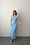 Women's Blue Off-Shoulder Balloon Sleeve Pearl Embroidered Pencil Model Long Evening Dress - 2
