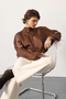 Women's Brown High Neck Long Sleeve Flowy Bat Sleeve Satin Blouse with Feathered Cuff - 5