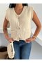 Women's Ecru Gold Buttoned V-Neck Sleeveless Knitwear Vest with Pockets Thick Knitted Off-Shoulder Sweater