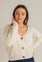 Women's Beige V-Neck Buttoned Crop Knitwear Cardigan Off Shoulder Long Sleeve Ribbed Knit - 2