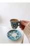 Handmade 6-Piece Turkish Coffee Cup Set with Turquoise Embossed Tulip Pattern Ceramic Gift Box - 4