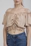 Beige Color Balloon Sleeve Crop Blouse with Gathered Detail on the Front - Beige - 8
