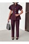 Women's Plum Peplum Cut Gold Buttoned Top and Straight Cut Pants Two-Piece Set - 2