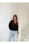Women's Black V-Neck Buttoned Crop Knitwear Cardigan Long Sleeve Ribbed Knit Short Cardigan - 2
