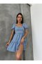 Women's Blue Checkered Gingham Square Neck Short Watermelon Sleeve Layered Ruffle Mini Dress - 2